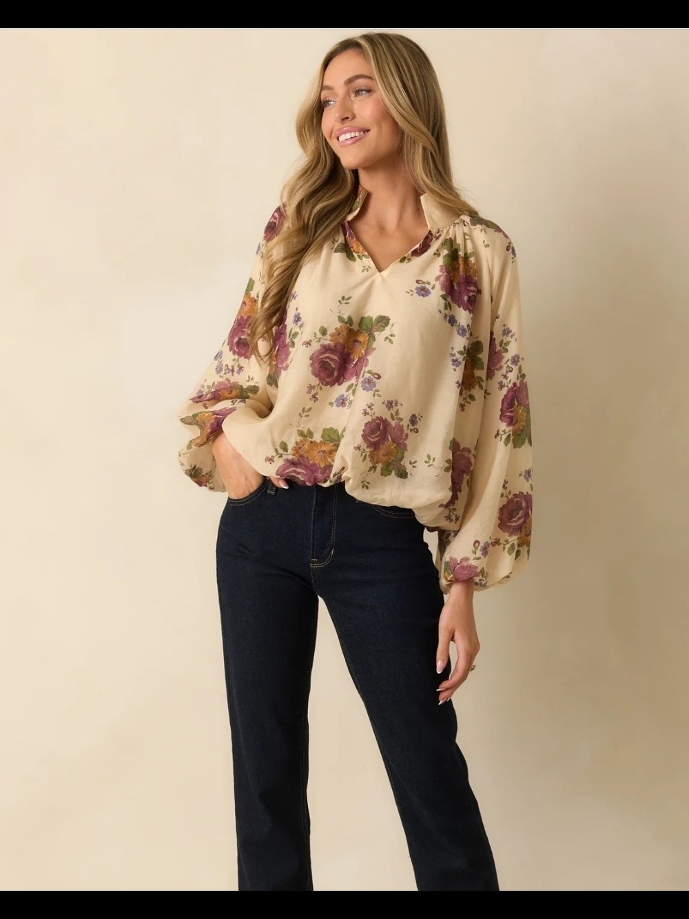 NWOT Entro Cream Floral V-Neck Balloon Sleeve Blouse